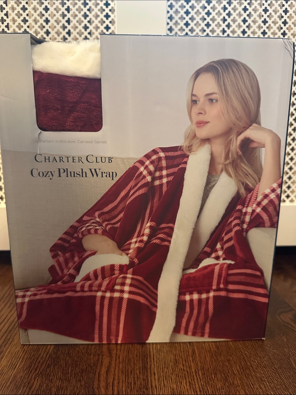 Charter Club Plush Wrap in Garnet Plaid with Cream Trim